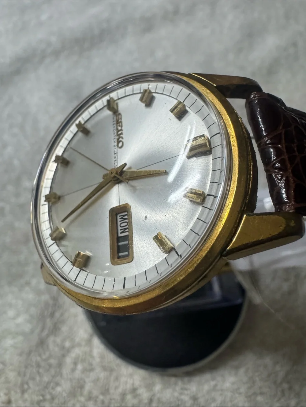 Seiko Gold Tone Weekdater Wristwatch - Silver Dial, Brown Strap